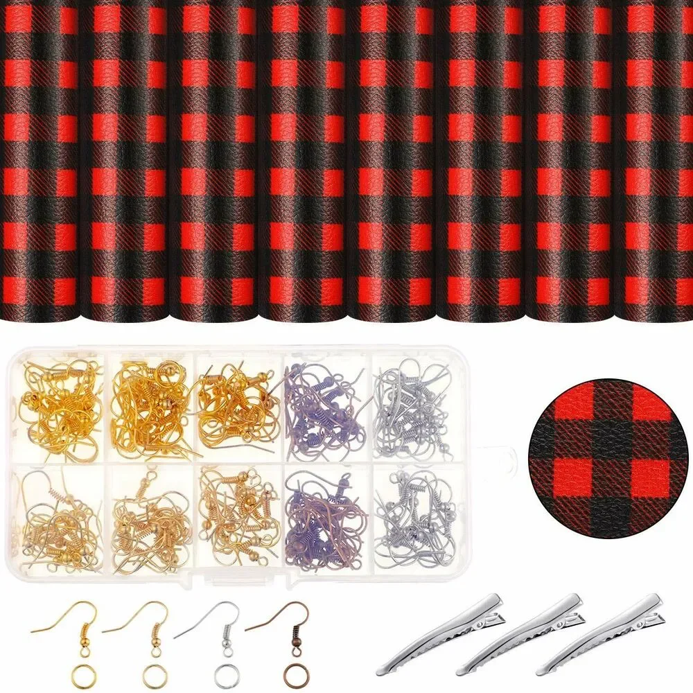 16-Piece Red Black Plaid Faux Leather Sheets with 140 Pieces Earring Hooks